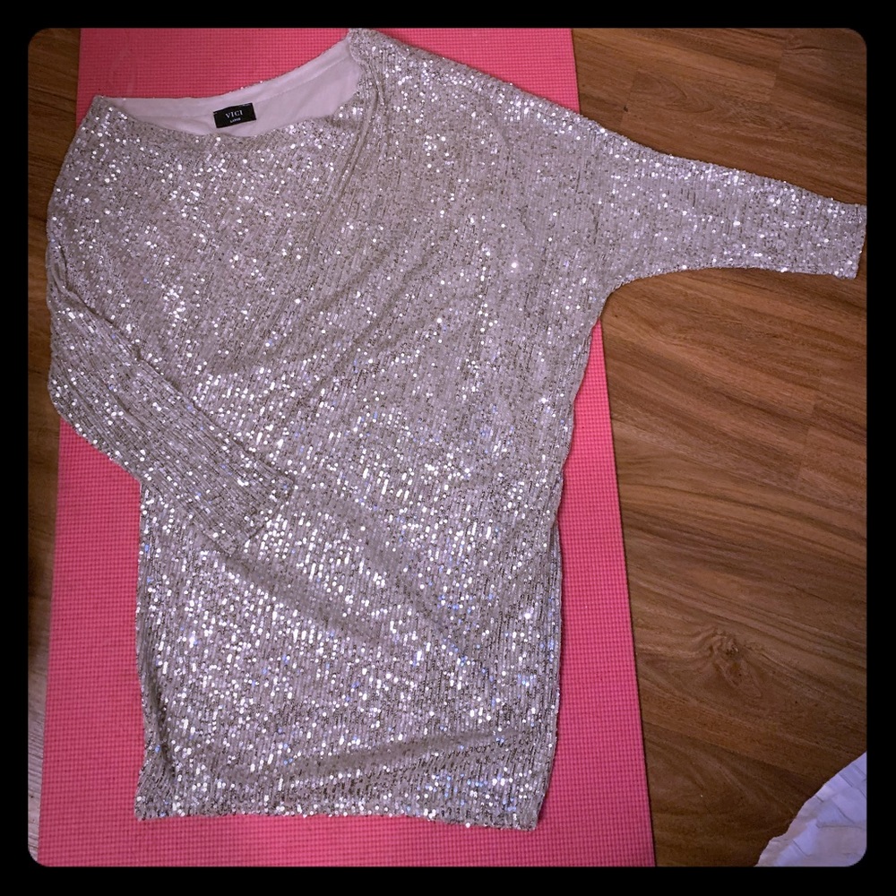 NWOT, Large silver sequin off-the-shoulder dress